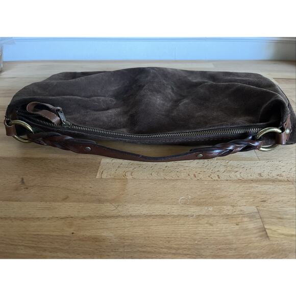 GAP Vintage Chocolate Brown Suede Hobo Shoulder Bag Braided Leather Handle - Picture 3 of 9